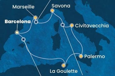 Španělsko, Tunisko, Itálie, Francie z Barcelony na lodi Costa Smeralda