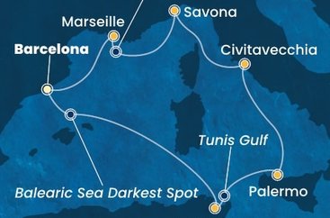 Španělsko, Tunisko, Itálie, Francie z Barcelony na lodi Costa Smeralda