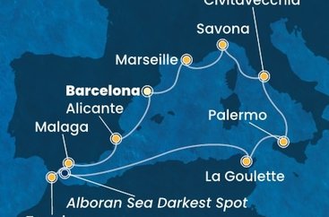 Španělsko, Maroko, , Tunisko, Sicílie, Itálie, Francie z Barcelony na lodi Costa Toscana