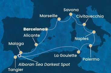 Španělsko, Maroko, , Tunisko, Sicílie, Itálie, Francie z Barcelony na lodi Costa Toscana