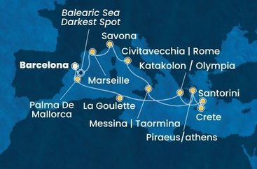 Španělsko, Francie, Itálie, Řecko, Tunisko z Barcelony na lodi Costa Favolosa