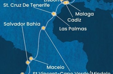 Španělsko, Portugalsko, Kapverdy, Brazílie z Barcelony na lodi Costa Diadema