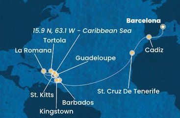 Španělsko, Barbados, Dominikánská republika, Svatý Vincenc a Grenadiny, Guadeloupe, Svatý Kryštof a Nevis, Britské Panenské ostrovy z Barcelony na lodi Costa Pacifica