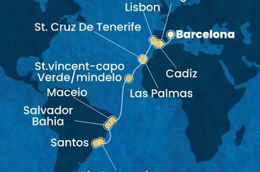 Španělsko, Portugalsko, Kapverdy, Brazílie z Barcelony na lodi Costa Diadema