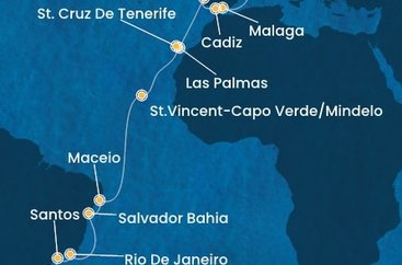 Španělsko, Portugalsko, Kapverdy, Brazílie z Barcelony na lodi Costa Diadema