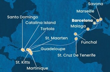 Španělsko, Itálie, Francie, Portugalsko, Svatý Martin, Martinik, Guadeloupe, Svatý Kryštof a Nevis, Britské Panenské ostrovy, Dominikánská republika z Barcelony na lodi Costa Fascinosa