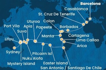 Španělsko, Maroko, Barbados, Kolumbie, Panama, Ekvádor, Peru, Chile, Zámořské území Velké Británie, Francouzská Polynésie, Zámořské společenství Francie, Samoa, Tonga, Fidži, Vanuatská republika, Nová Kaledonie, Austrálie z Barcelony na lodi Costa Deliziosa