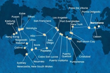 Španělsko, Portugalsko, USA, Bahamy, Panama, Kostarika, Guatemala, Mexiko, Francouzská Polynésie, Fidži, Nová Kaledonie, Austrálie, Papua Nová Guinea, Japonsko, Jižní Korea, Tchaj-wan, Čína z Barcelony na lodi Costa Deliziosa