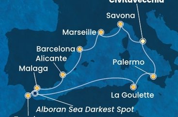 Itálie, Francie, Španělsko, Maroko, , Tunisko, Sicílie z Civitavecchia na lodi Costa Toscana
