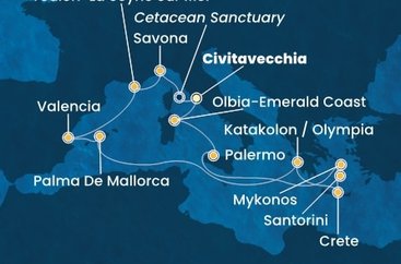 Itálie, Francie, Španělsko, Řecko z Civitavecchia na lodi Costa Pacifica