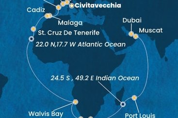 Itálie, Francie, Španělsko, Namibie, Jihoafrická republika, Mauricius, Omán, Spojené arabské emiráty z Civitavecchia na lodi Costa Smeralda