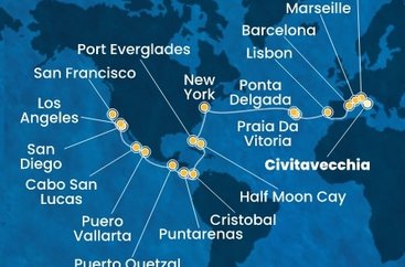 Itálie, Francie, Španělsko, Portugalsko, USA, Bahamy, Panama, Kostarika, Guatemala, Mexiko z Civitavecchia na lodi Costa Deliziosa