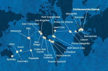 Itálie, Francie, Španělsko, Portugalsko, USA, Bahamy, Panama, Kostarika, Guatemala, Mexiko, Francouzská Polynésie, Fidži, Nová Kaledonie, Austrálie z Civitavecchia na lodi Costa Deliziosa