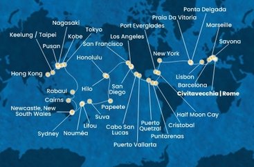 Itálie, Francie, Španělsko, Portugalsko, USA, Bahamy, Panama, Kostarika, Guatemala, Mexiko, Francouzská Polynésie, Fidži, Nová Kaledonie, Austrálie, Papua Nová Guinea, Japonsko, Jižní Korea, Tchaj-wan, Čína z Civitavecchia na lodi Costa Deliziosa