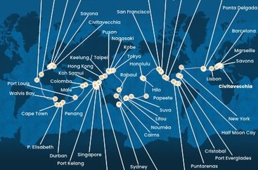 Itálie, Francie, Španělsko, Portugalsko, USA, Bahamy, Panama, Kostarika, Guatemala, Mexiko, Havaj, Francouzská Polynésie, Fidži, Nová Kaledonie, Austrálie, Papua Nová Guinea, Honšú, Kjúšú, Jižní Korea, Tchaj-wan, Čína, Vietnam, Thajsko, Singapur, Malajsie, Penang, Srí Lanka, Maledivy, Mauricius, Jihoafrická republika, Namibie, Sao Vincente, Gran Canaria z Civitavecchia na lodi Costa Deliziosa