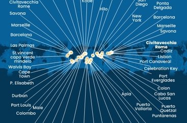 Itálie, Francie, Španělsko, Portugalsko, USA, , Panama, Kostarika, Guatemala, Mexiko, Samoa, Fidži, Tonga, Nový Zéland, Austrálie, Papua Nová Guinea, Japonsko, Jižní Korea, Tchaj-wan, Čína, Vietnam, Singapur, Malajsie, Thajsko, Srí Lanka, Maledivy, Mauricius, Jihoafrická republika, Namibie, Kapverdy z Civitavecchia na lodi Costa Deliziosa