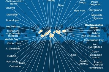Itálie, Francie, Španělsko, Portugalsko, USA, Bahamy, Panama, Kostarika, Guatemala, Mexiko, Samoa, Fidži, Tonga, Nový Zéland, Austrálie, Papua Nová Guinea, Japonsko, Jižní Korea, Tchaj-wan, Čína, Vietnam, Singapur, Malajsie, Thajsko, Srí Lanka, Maledivy, Mauricius, Jihoafrická republika, Namibie, Kapverdy z Civitavecchia na lodi Costa Deliziosa