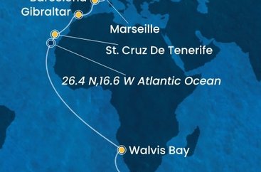 Jihoafrická republika, Namibie, Španělsko, Velká Británie, Itálie, Francie z Kapského Města na lodi Costa Smeralda