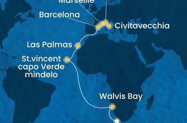 Jihoafrická republika, Namibie, Kapverdy, Španělsko, Francie, Itálie z Kapského Města na lodi Costa Deliziosa