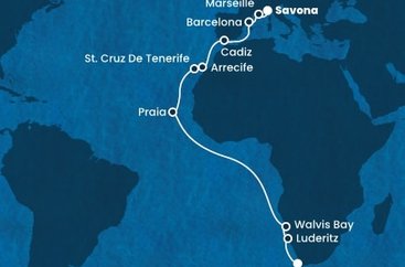 Jihoafrická republika, Namibie, Kapverdy, Španělsko, Francie, Itálie z Kapského Města na lodi Costa Deliziosa