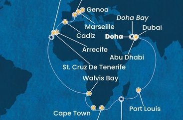 Katar, Spojené arabské emiráty, Mauricius, Jihoafrická republika, Namibie, Španělsko, Itálie, Francie z Dohy na lodi Costa Toscana
