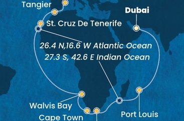 Spojené arabské emiráty, Mauricius, Jihoafrická republika, Namibie, Španělsko, Maroko z Dubaje na lodi Costa Smeralda