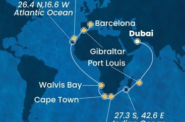 Spojené arabské emiráty, Mauricius, Jihoafrická republika, Namibie, Španělsko, Velká Británie z Dubaje na lodi Costa Smeralda