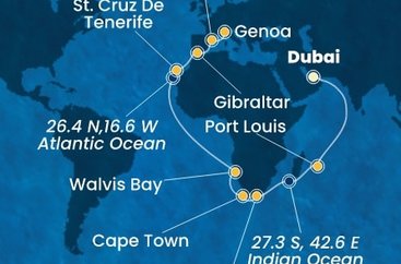 Spojené arabské emiráty, Mauricius, Jihoafrická republika, Namibie, Španělsko, Velká Británie, Itálie z Dubaje na lodi Costa Smeralda