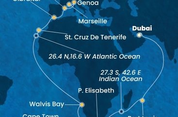 Spojené arabské emiráty, Mauricius, Jihoafrická republika, Namibie, Španělsko, Velká Británie, Itálie, Francie z Dubaje na lodi Costa Smeralda