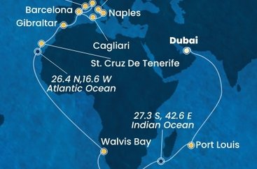 Spojené arabské emiráty, Mauricius, Jihoafrická republika, Namibie, Španělsko, Velká Británie, Itálie, Francie z Dubaje na lodi Costa Smeralda