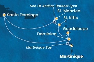 Martinik, Guadeloupe, Svatý Kryštof a Nevis, Svatý Martin, Dominikánská republika, Dominika z Fort-de-France na lodi Costa Favolosa