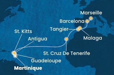 Martinik, Guadeloupe, Svatý Kryštof a Nevis, Antigua a Barbuda, Španělsko, Maroko, Francie z Fort-de-France na lodi Costa Favolosa