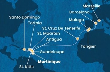 Martinik, Guadeloupe, Svatý Kryštof a Nevis, Britské Panenské ostrovy, Dominikánská republika, Svatý Martin, Antigua a Barbuda, Španělsko, Maroko, Francie z Fort-de-France, Martinik na lodi Costa Favolosa