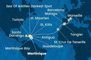 Martinik, Guadeloupe, Svatý Kryštof a Nevis, Britské Panenské ostrovy, Dominikánská republika, Svatý Martin, Antigua a Barbuda, Španělsko, Maroko, Francie z Fort-de-France na lodi Costa Favolosa