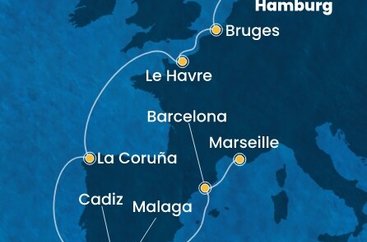 Německo, Belgie, Francie, Španělsko z Hamburku na lodi Costa Favolosa