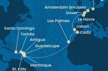 Německo, Nizozemsko, Velká Británie, Francie, Portugalsko, Španělsko, Martinik, Guadeloupe, Svatý Kryštof a Nevis, Antigua a Barbuda, Britské Panenské ostrovy, Dominikánská republika z Hamburku na lodi Costa Favolosa