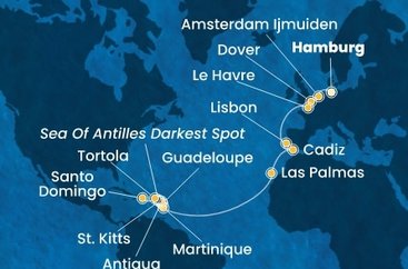 Německo, Nizozemsko, Velká Británie, Francie, Portugalsko, Španělsko, Martinik, Guadeloupe, Svatý Kryštof a Nevis, Antigua a Barbuda, Britské Panenské ostrovy, Dominikánská republika z Hamburku na lodi Costa Favolosa