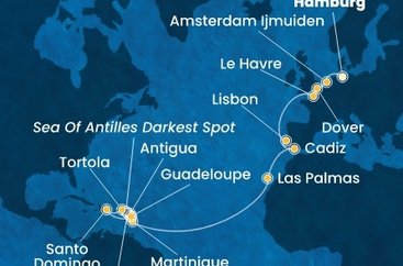 Německo, Nizozemsko, Velká Británie, Francie, Portugalsko, Španělsko, Martinik, Guadeloupe, Svatý Kryštof a Nevis, Antigua a Barbuda, Britské Panenské ostrovy, Dominikánská republika z Hamburku na lodi Costa Favolosa