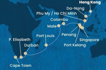 Čína, Vietnam, Singapur, Malajsie, Srí Lanka, Maledivy, Mauricius, Jihoafrická republika z Hong Kongu na lodi Costa Deliziosa