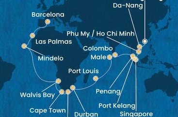 Čína, Vietnam, Singapur, Malajsie, Srí Lanka, Maledivy, Mauricius, Jihoafrická republika, Namibie, Kapverdy, Španělsko z Hong Kongu na lodi Costa Deliziosa