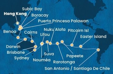 Čína, Filipíny, Indonésie, Austrálie, Nová Kaledonie, Fidži, Tonga, Cookovy ostrovy, Francouzská Polynésie, Zámořské území Velké Británie, Chile z Hong Kongu na lodi Costa Serena