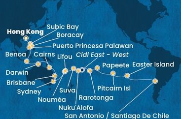 Čína, Filipíny, Indonésie, Austrálie, Nová Kaledonie, Fidži, Tonga, , Cookovy ostrovy, Francouzská Polynésie, Zámořské území Velké Británie, Chile z Hong Kongu na lodi Costa Serena
