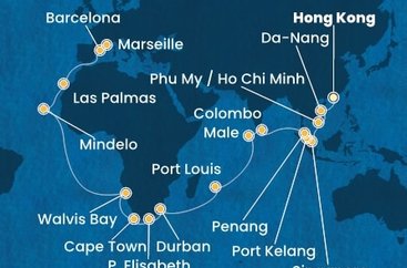 Čína, Vietnam, Singapur, Malajsie, Srí Lanka, Maledivy, Mauricius, Jihoafrická republika, Namibie, Kapverdy, Španělsko, Francie z Hong Kongu na lodi Costa Deliziosa