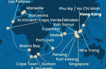 Čína, Vietnam, Thajsko, Singapur, Malajsie, Srí Lanka, Maledivy, Mauricius, Jihoafrická republika, Namibie, Kapverdy, Španělsko, Francie z Hong Kongu na lodi Costa Deliziosa