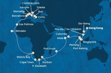 Čína, Vietnam, Singapur, Malajsie, Srí Lanka, Maledivy, Mauricius, Jihoafrická republika, Namibie, Kapverdy, Španělsko, Francie, Itálie, Řecko z Hong Kongu na lodi Costa Deliziosa