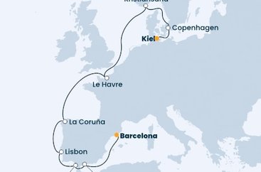Německo, Dánsko, Norsko, Francie, Španělsko, Portugalsko z Kielu na lodi Costa Firenze