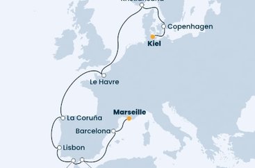 Německo, Dánsko, Norsko, Francie, Španělsko, Portugalsko z Kielu na lodi Costa Firenze