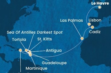 Francie, Portugalsko, Španělsko, Martinik, Guadeloupe, Svatý Kryštof a Nevis, Antigua a Barbuda, Britské Panenské ostrovy, Dominikánská republika z Le Havru na lodi Costa Favolosa