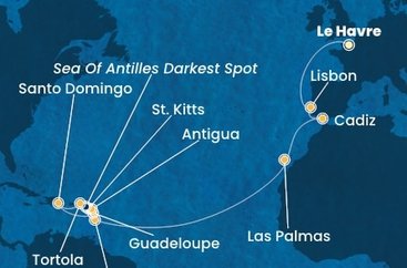 Francie, Portugalsko, Španělsko, Martinik, Guadeloupe, Svatý Kryštof a Nevis, Antigua a Barbuda, Britské Panenské ostrovy, Dominikánská republika z Le Havru na lodi Costa Favolosa