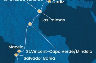 Portugalsko, Španělsko, Kapverdy, Brazílie z Lisabonu na lodi Costa Diadema